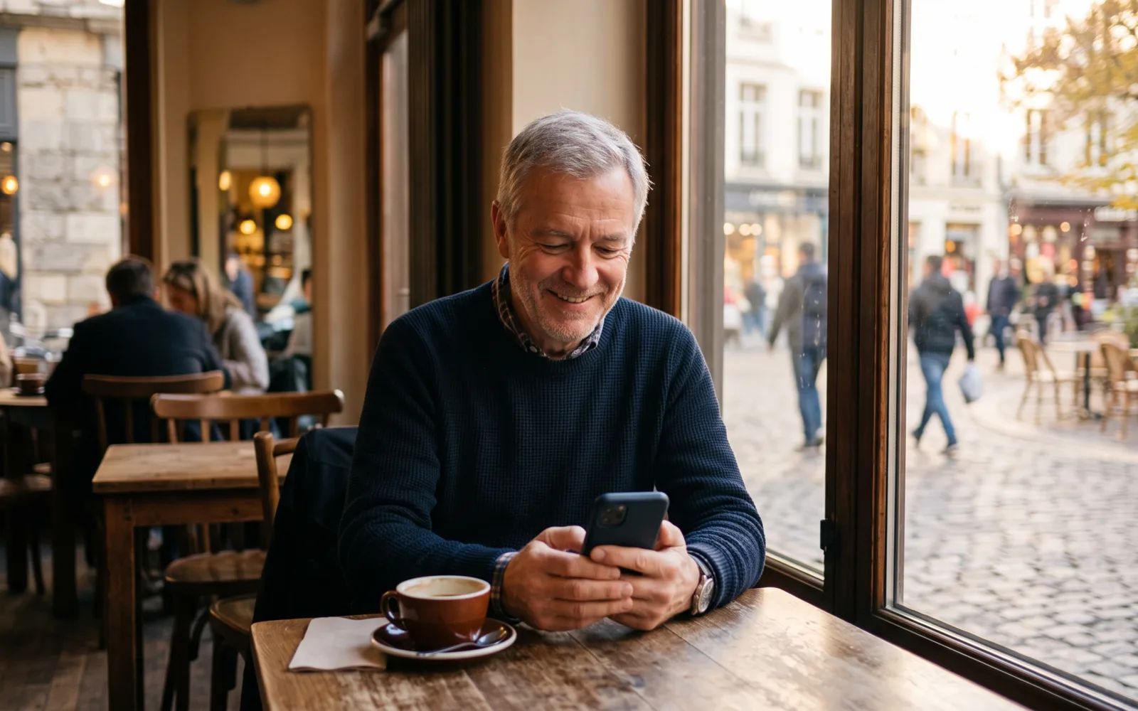 A grey-haired man smiles at his phone over a coffee at a cafe window, a cobbled street behind him.