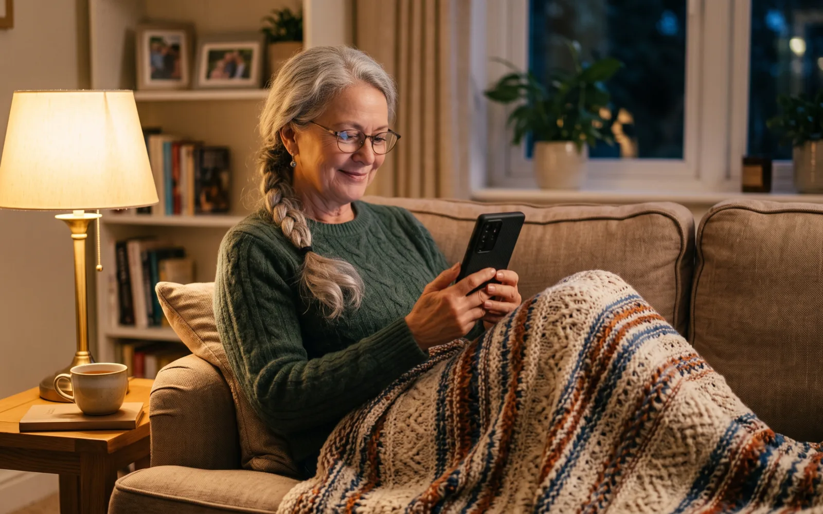 A woman with a long grey braid smiles at her phone on a lamp-lit sofa, a knitted throw over her knees.