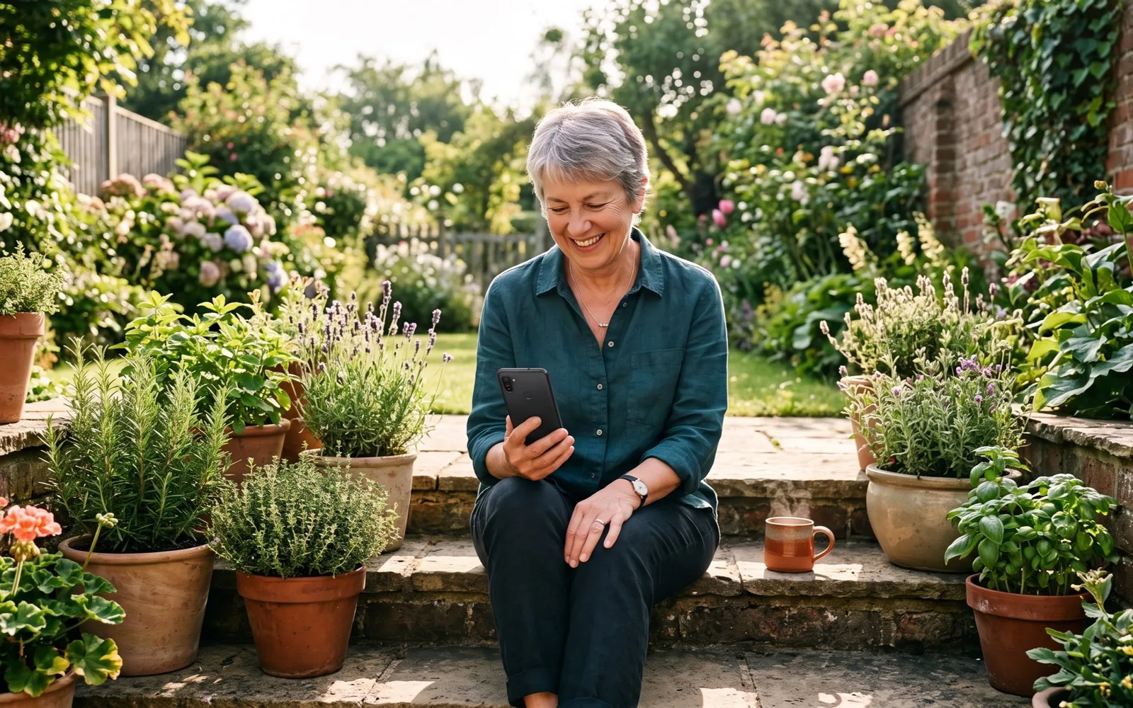 A woman with cropped grey hair smiles at her phone on sunny garden steps surrounded by potted herbs.