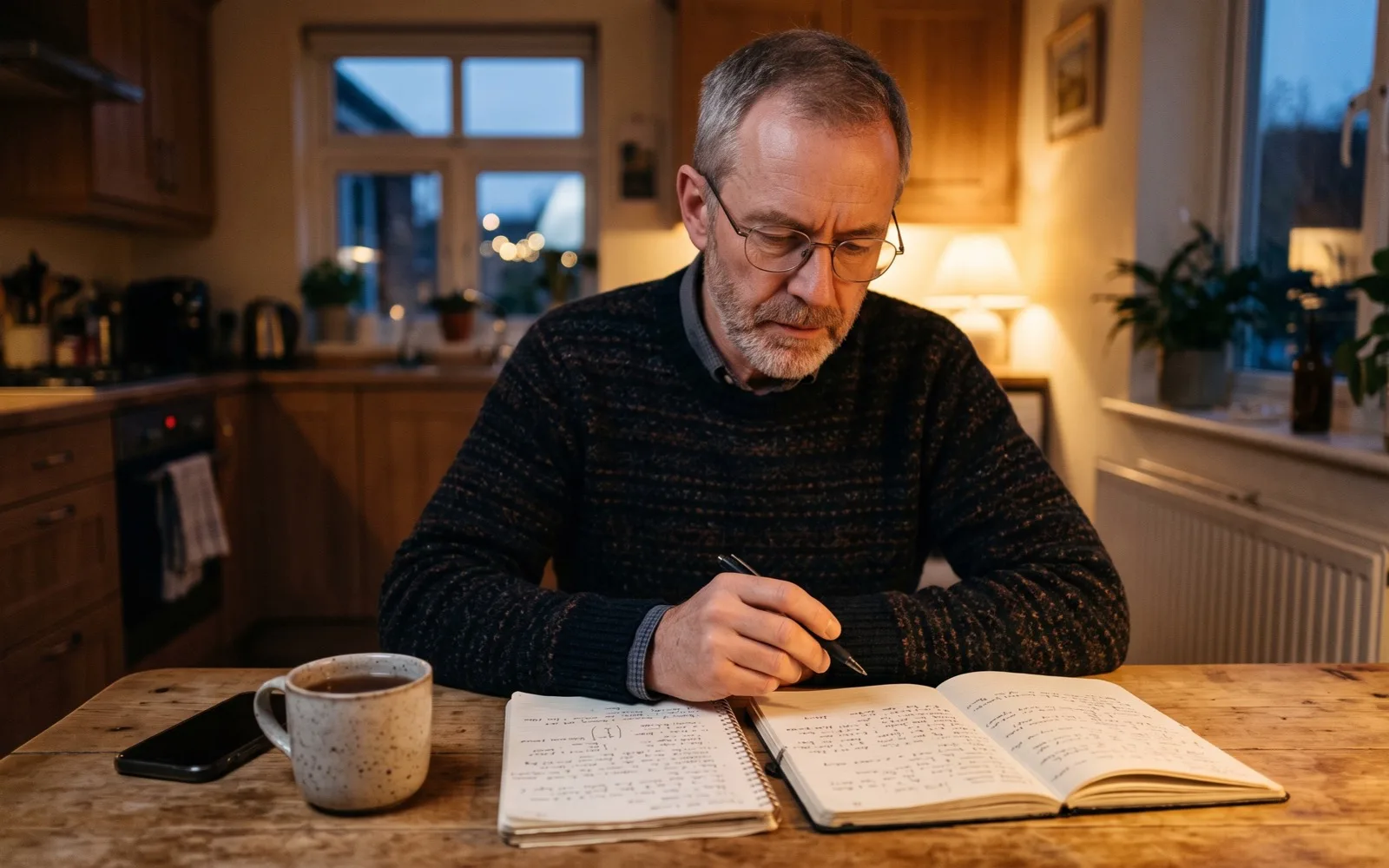 A man with glasses writes in one of two open notebooks at a kitchen table in the evening, a mug of tea and his phone beside him.