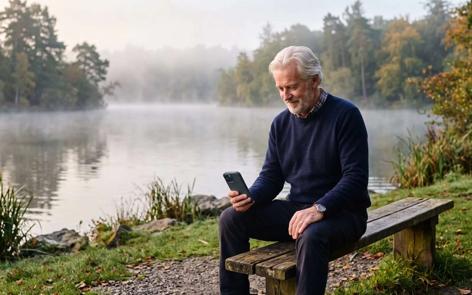 A white-haired man in a navy jumper smiles at his phone on a bench beside a misty lake in the morning.