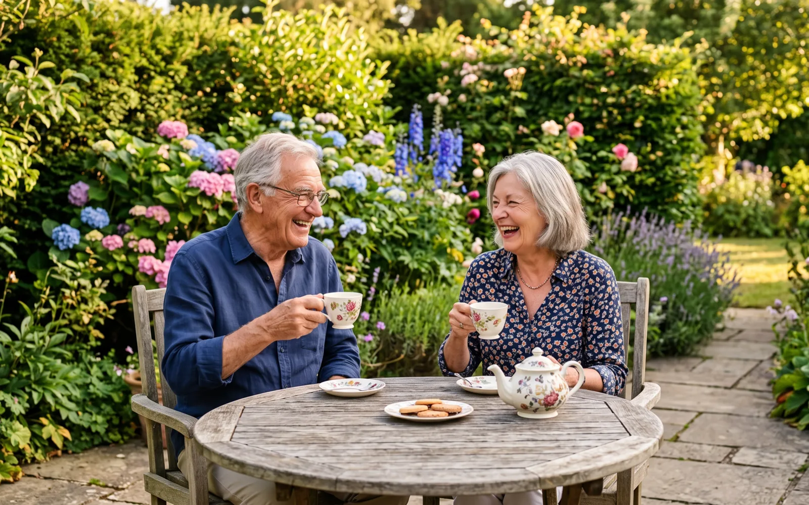 A man and a woman in their sixties laugh together over cups of tea at a table in a flowering garden.