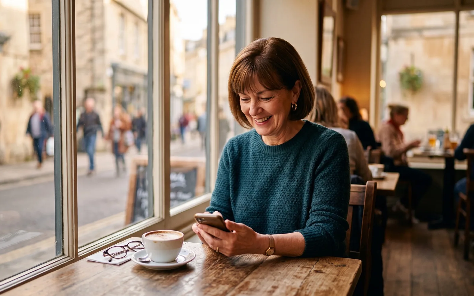 A woman with a chestnut bob laughs at her phone at a cafe window table, a cappuccino and her glasses in front of her.