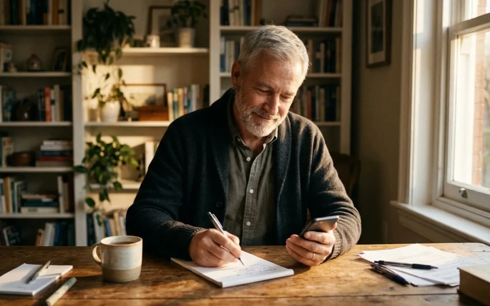 A grey-bearded man in a dark cardigan smiles at his phone while jotting notes at a sunny wooden desk, bookshelves behind him.