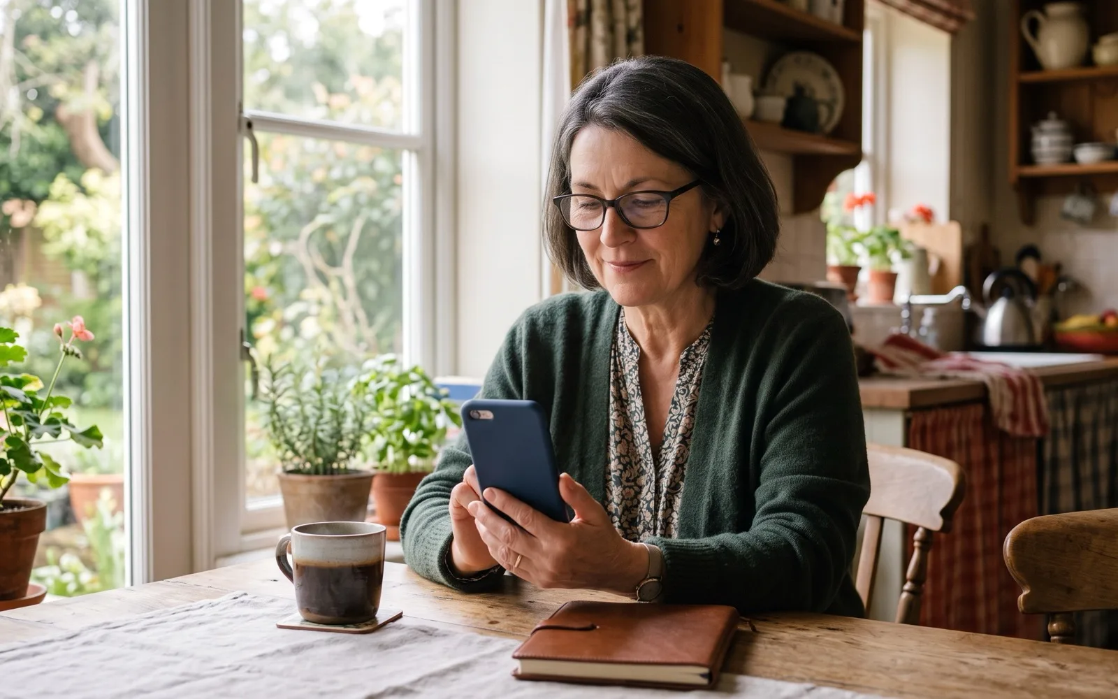 A dark-haired woman with glasses smiles at her phone at a kitchen table by a garden window, a mug of coffee and a leather notebook in front of her.