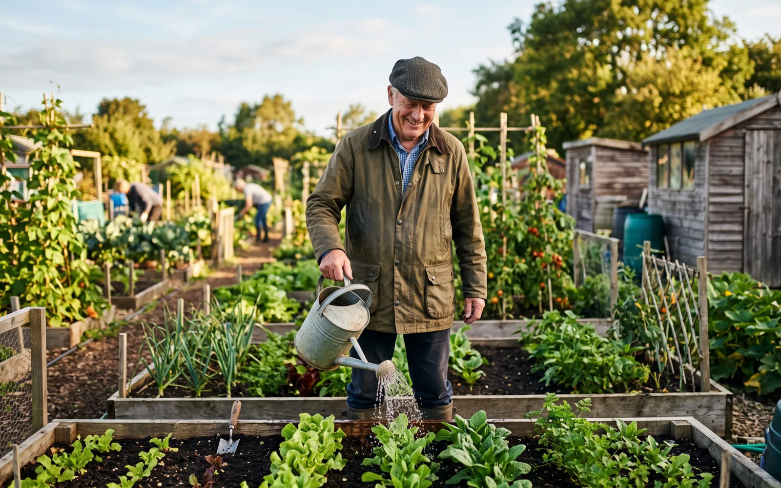A smiling man in a flat cap waters vegetable beds at an allotment in morning sun.