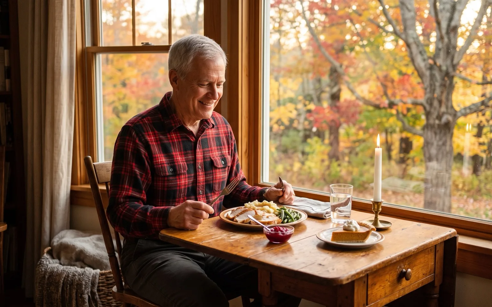 A smiling man in a red flannel shirt sits down to a Thanksgiving plate of turkey, green beans and pumpkin pie by a window of autumn trees.