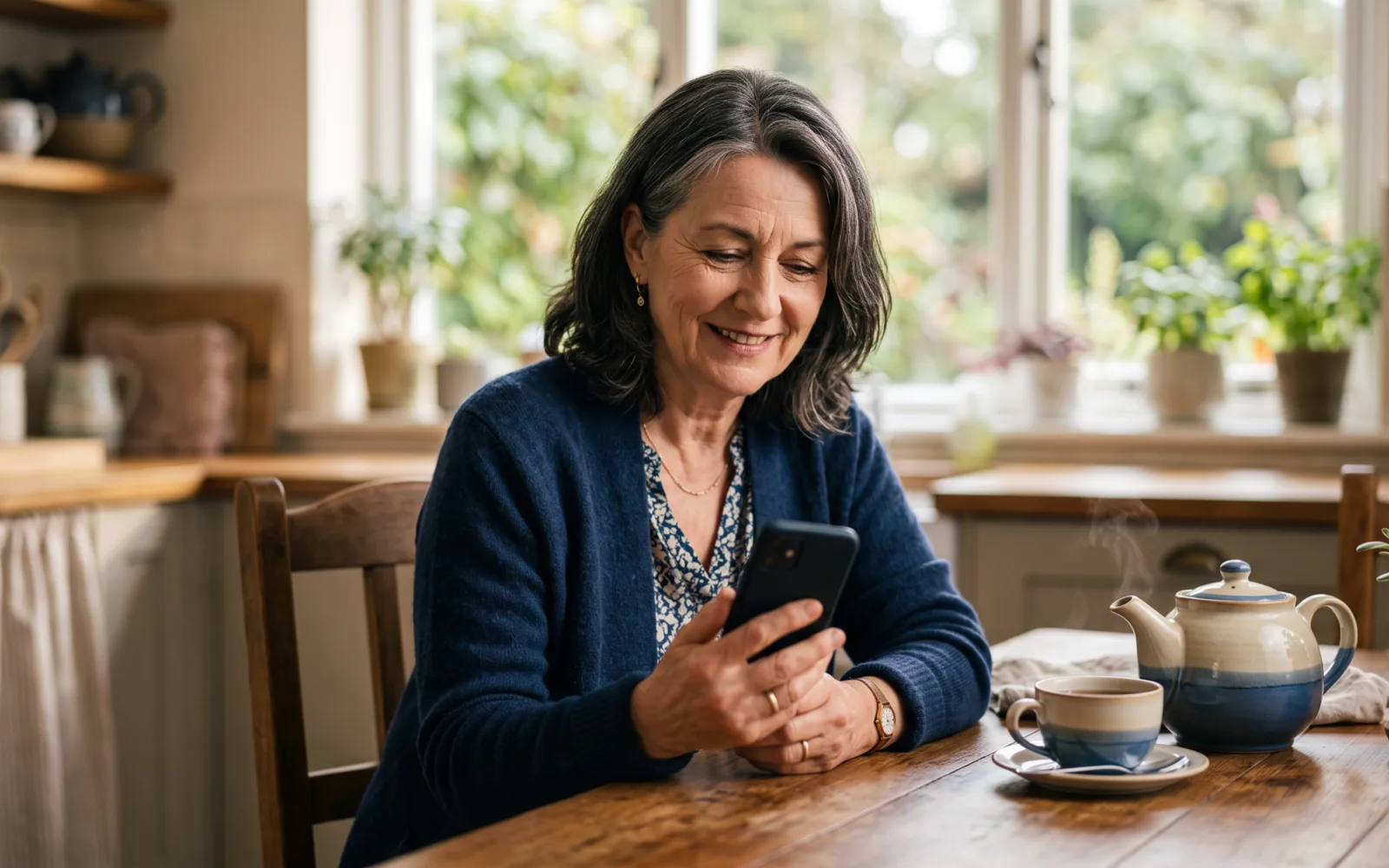 A dark-haired woman smiles at her phone at a kitchen table, a teapot and cup beside her.