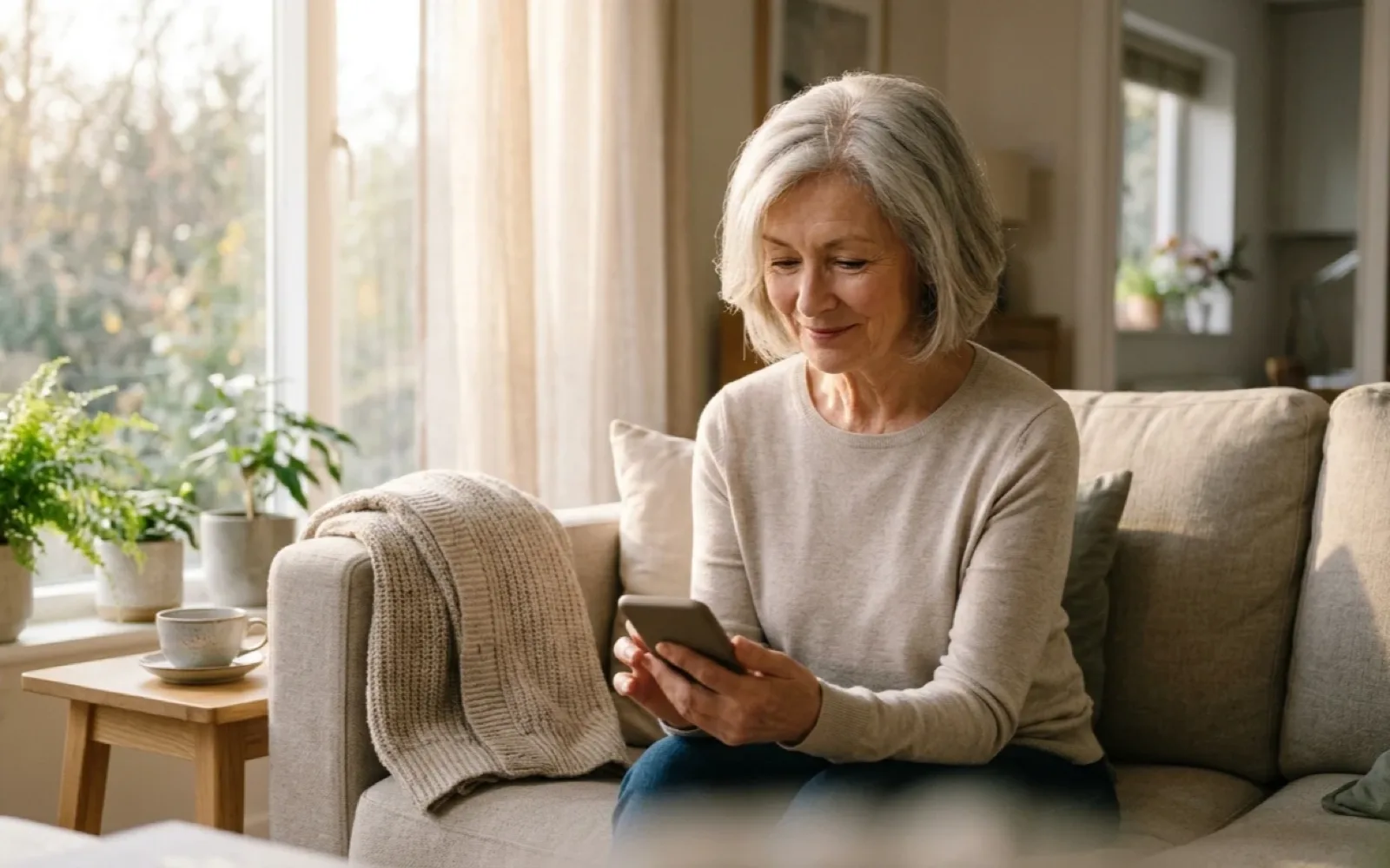 A woman with a silver-grey bob smiles at her phone on a sofa by a sunny window, a knitted throw and a cup of tea beside her.