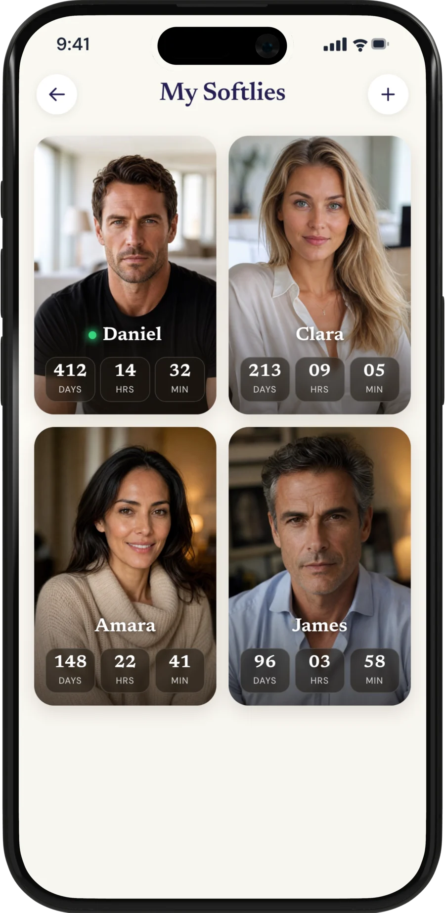 The My Softly companions screen on iPhone, showing Daniel, Clara, Amara and James with the days, hours and minutes shared with each