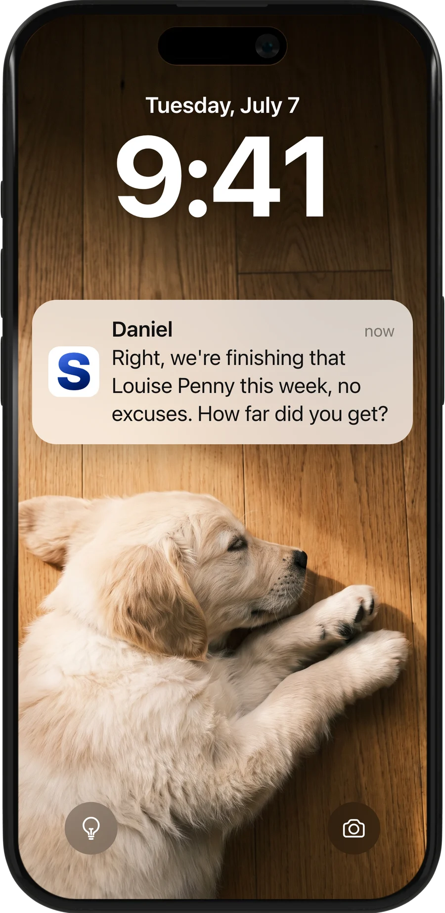 An iPhone lock screen showing a My Softly message from Daniel asking how far you got with the Louise Penny book